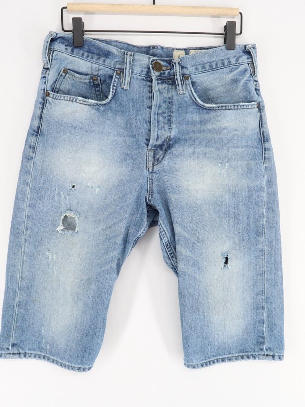 AllSaints Savage Fuse Jean Shorts Mens 30 Blue Button Fly Distressed Denim
